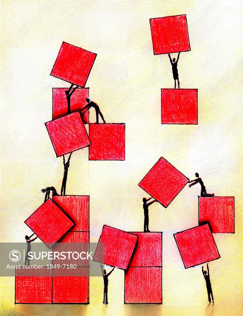 Business people working together moving red squares