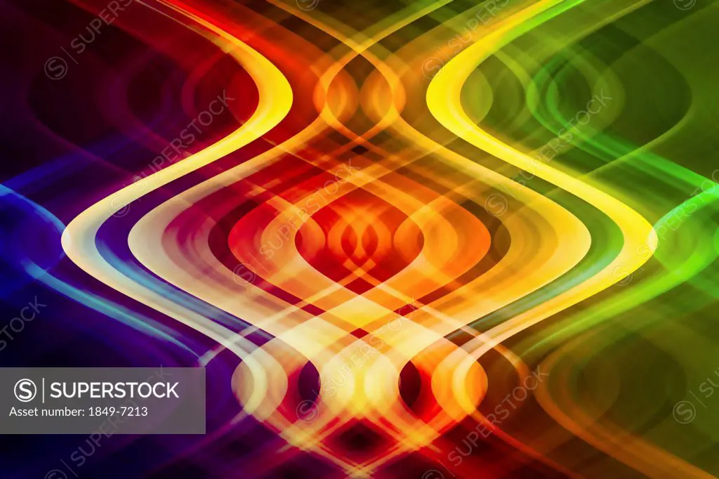 Abstract pattern of symmetrical intertwined colorful light beams