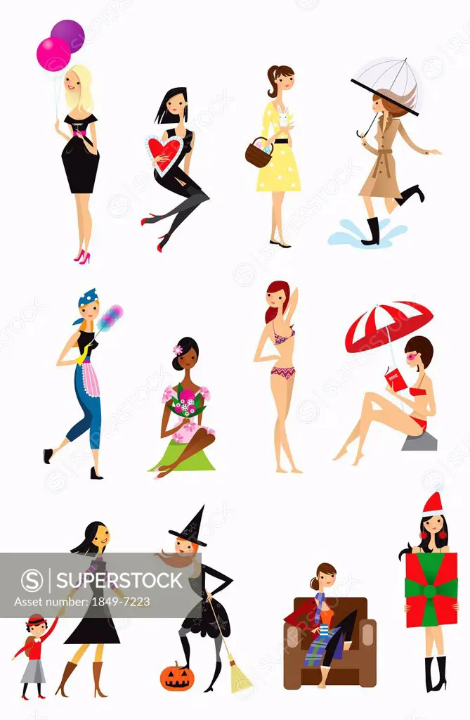 Twelve poses of young woman each month throughout the calendar year