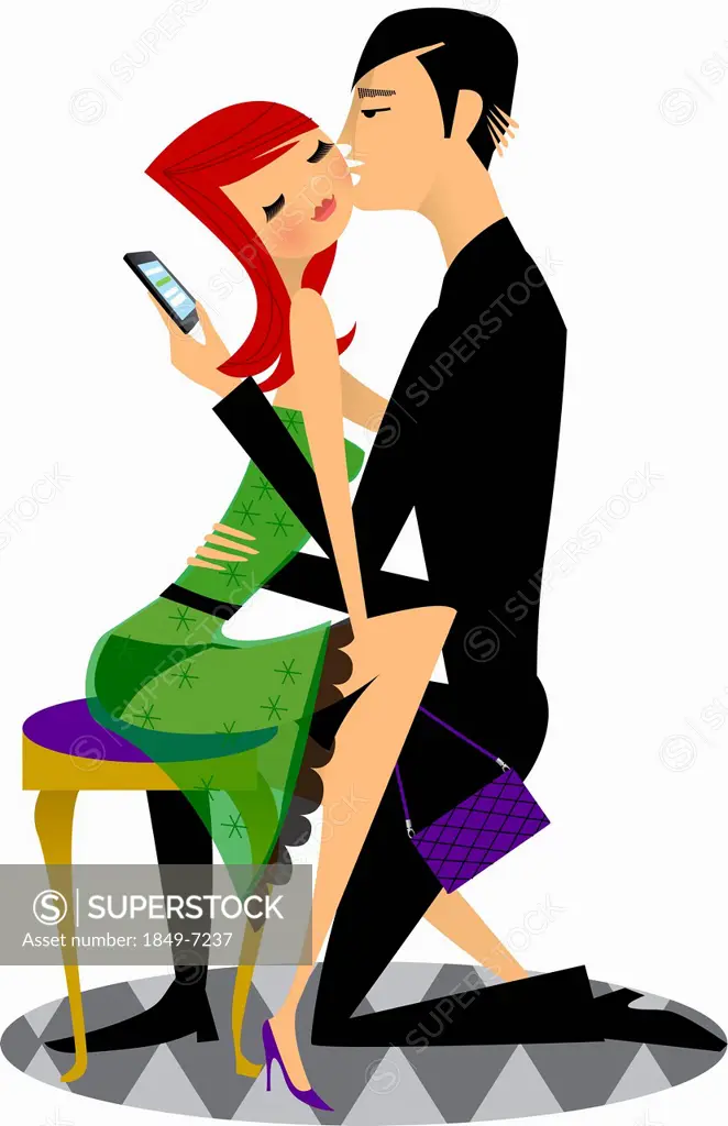Man kissing woman and checking cell phone