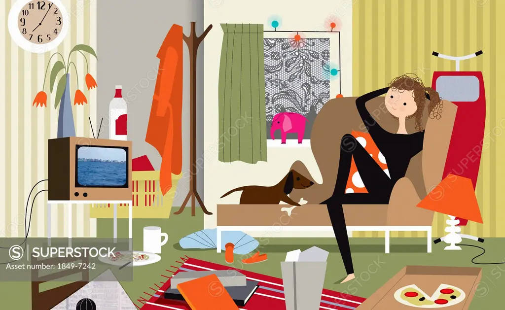 Lazy woman and dog watching TV in messy living room