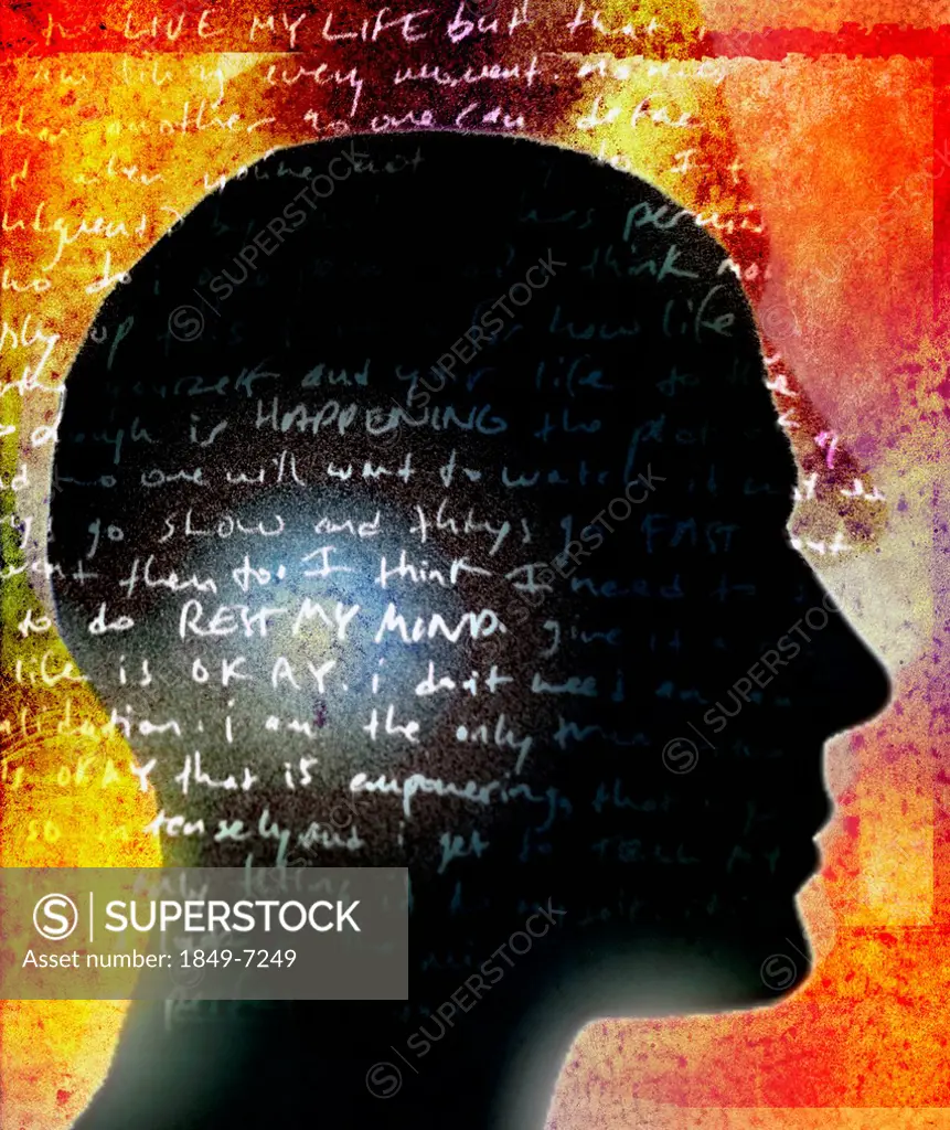 Handwritten text over silhouette profile of man's head