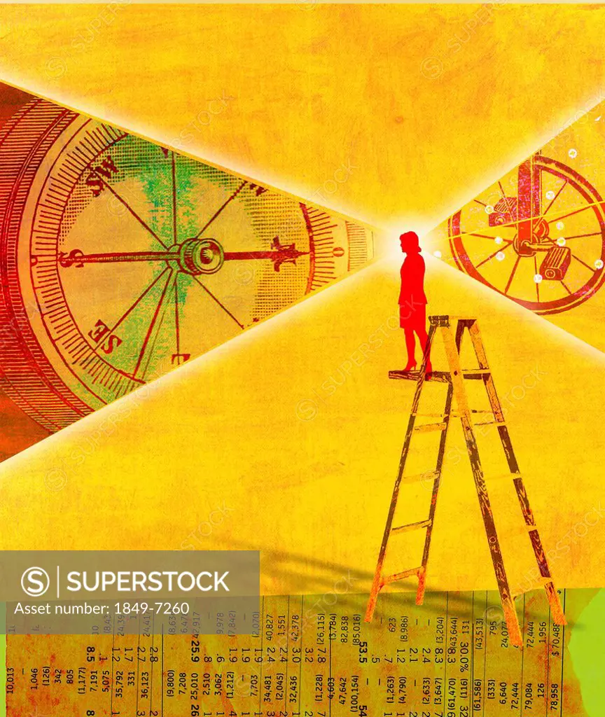 Woman on ladder standing on stock prices viewing compass and wheel turning