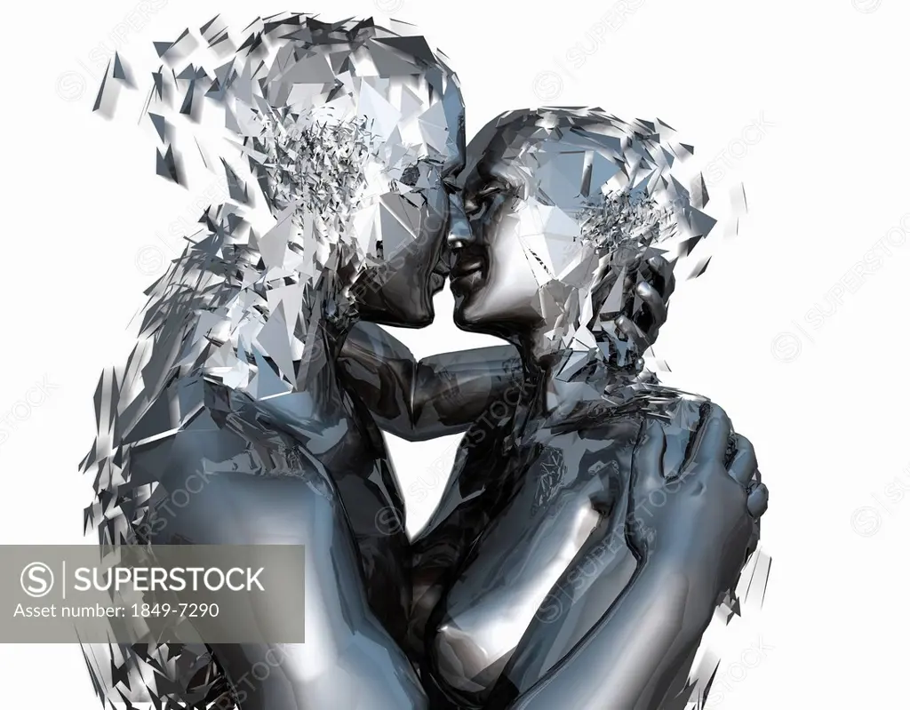 Android couple kissing and shattering