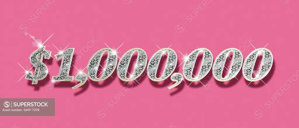 Sparkling diamonds inside of one million dollars number on hot pink background