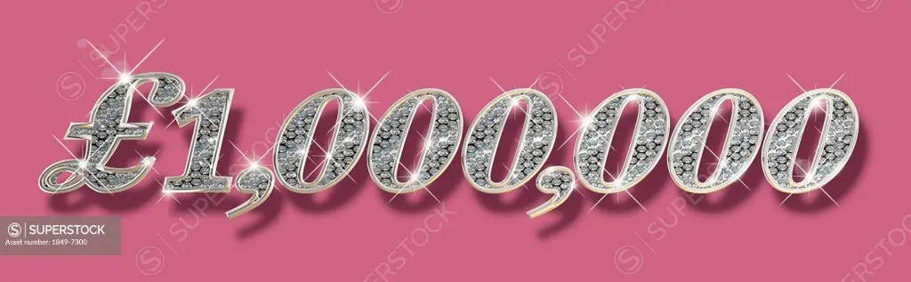 Sparkling diamonds inside of one million British pounds number on pink background