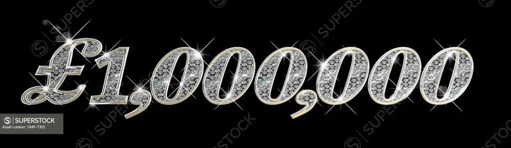 Sparkling diamonds inside of one million British pounds number on black background