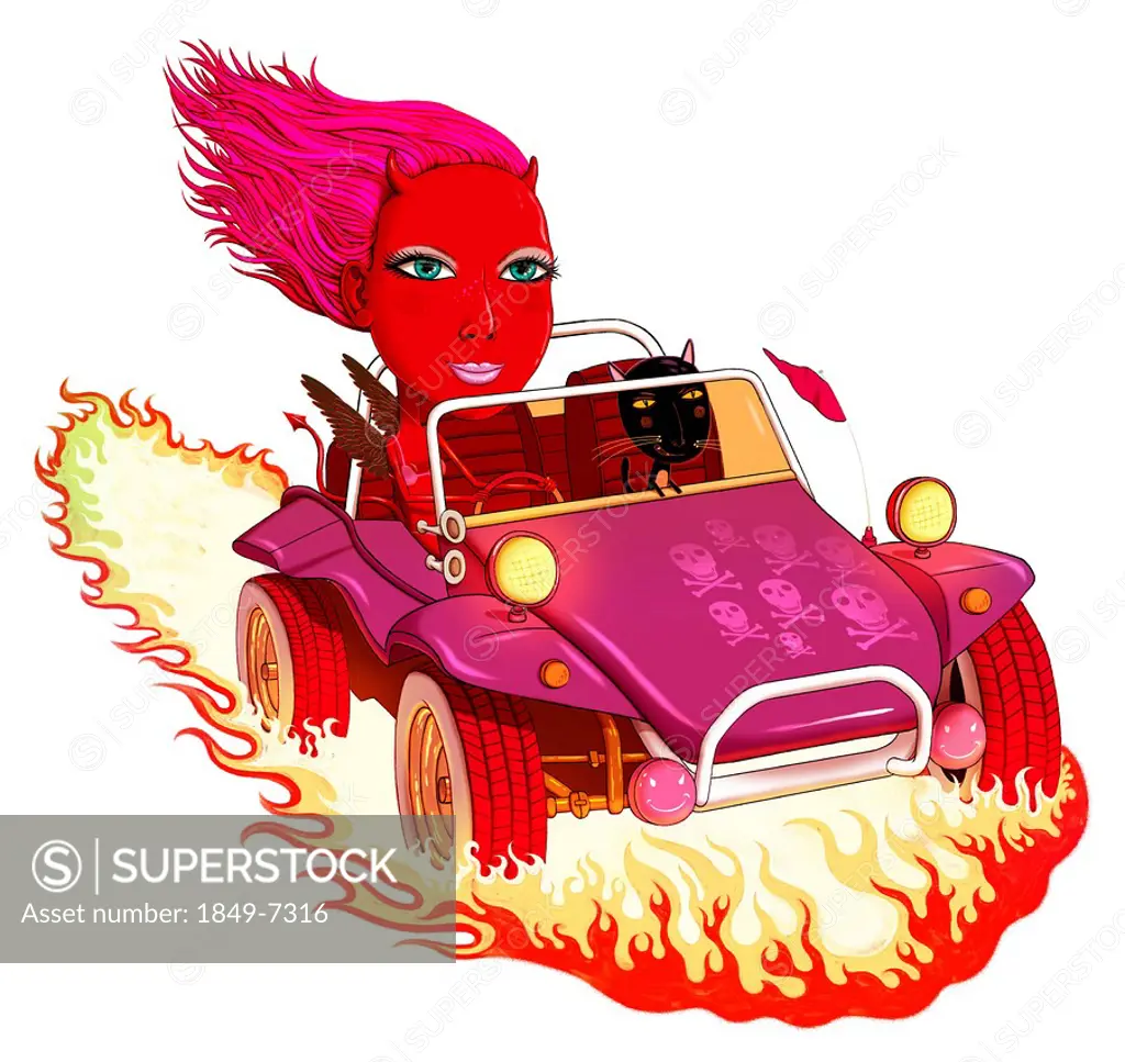 Woman with devil horns riding in dune buggy with cat