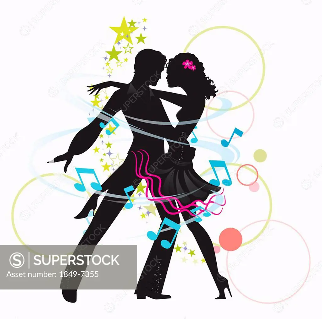 Music notes and stars around silhouette of couple ballroom dancing the tango