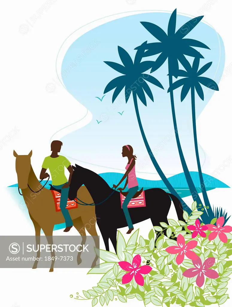 Couple horseback riding on beach