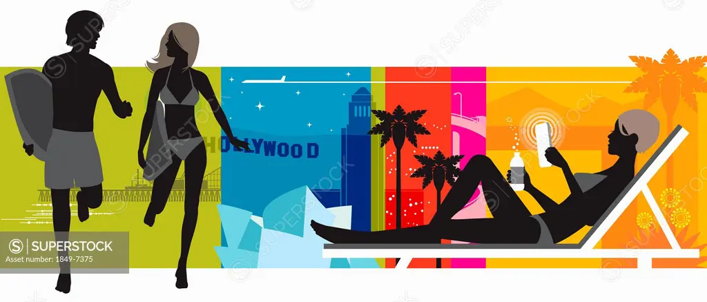 Colorful montage of couple with surfboards, woman in lounge chair and Hollywood sign