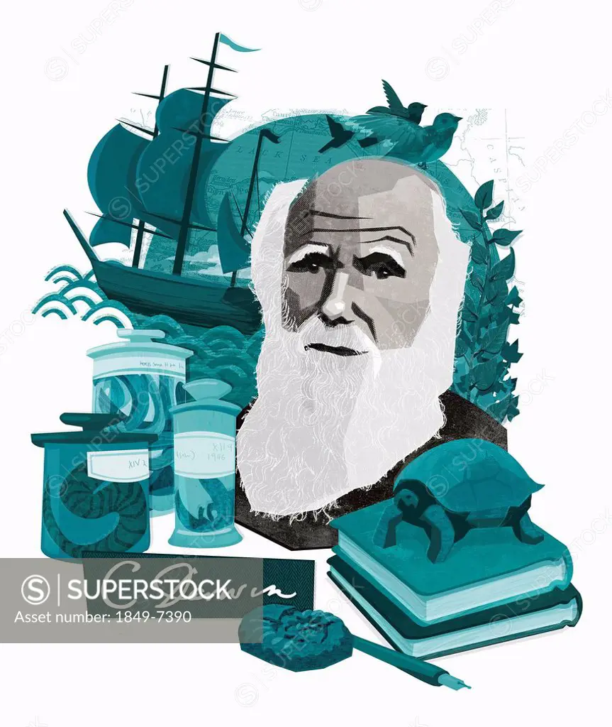 Montage of Charles Darwin, natural science and discovery