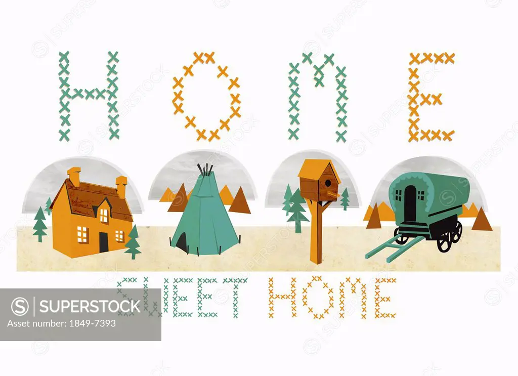 Home Sweet Home” cross-stitch with various forms of housing