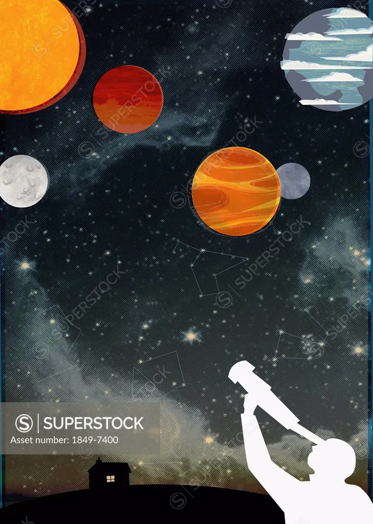 Silhouette of man with telescope looking up at star constellations and multicolored planets