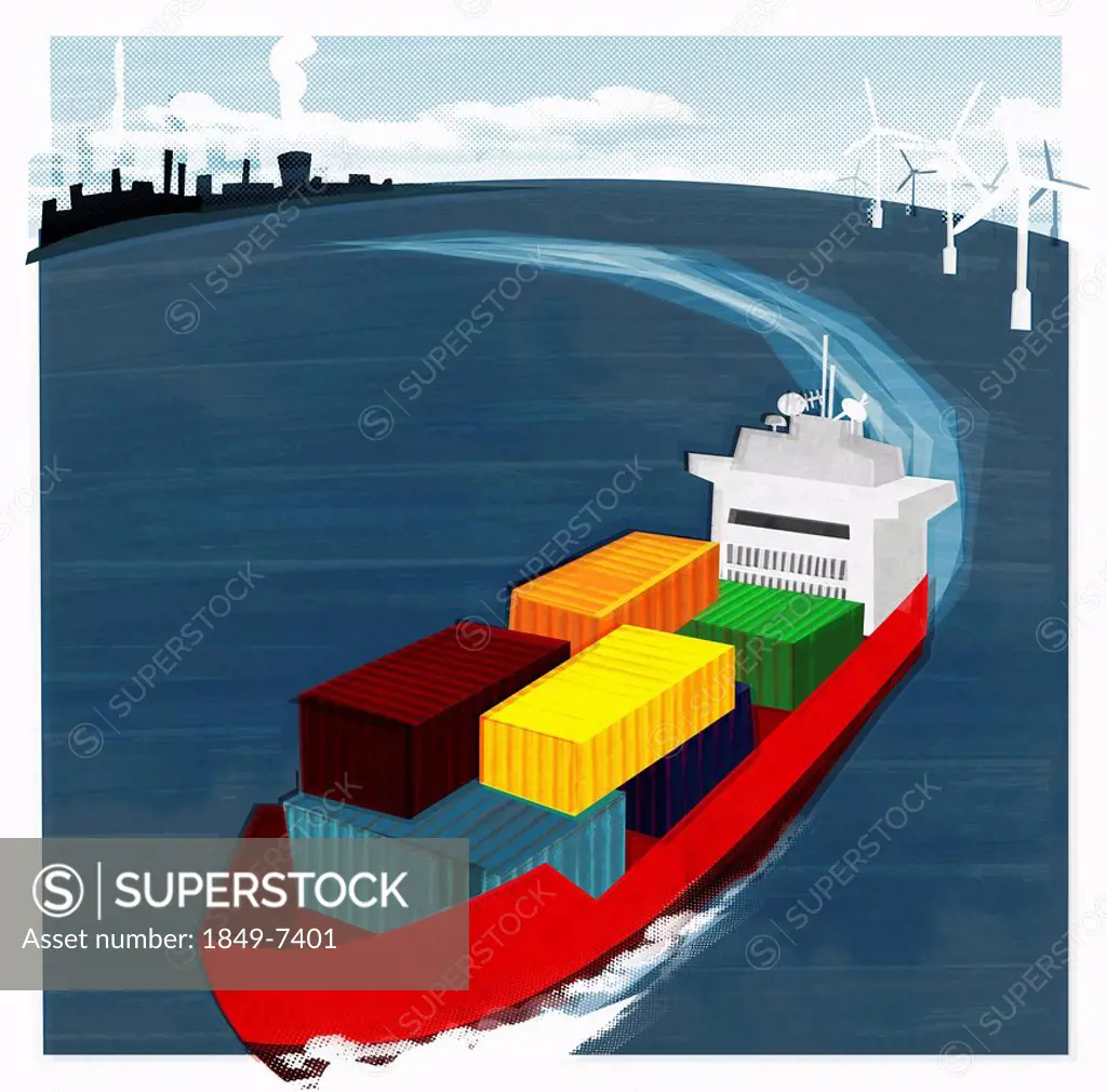 Colorful container ship at sea leaving factories and passing wind turbines