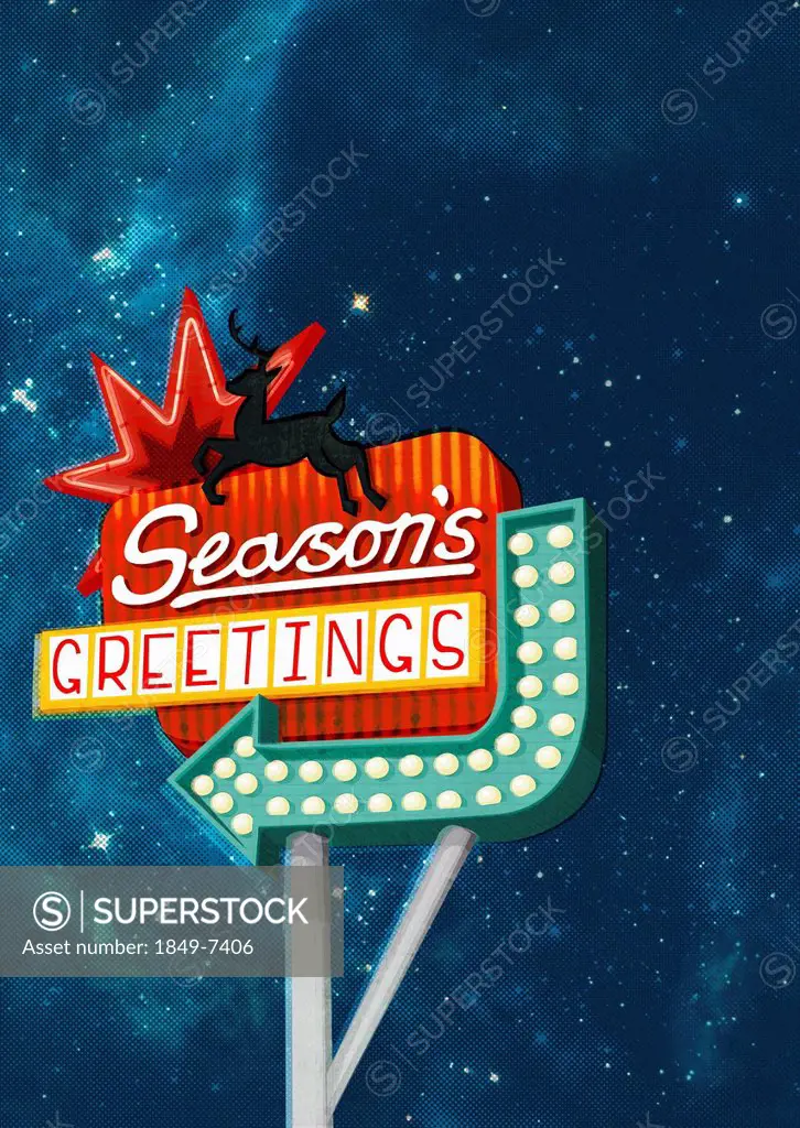Christmas Season’s Greetings” neon sign with reindeer and arrow