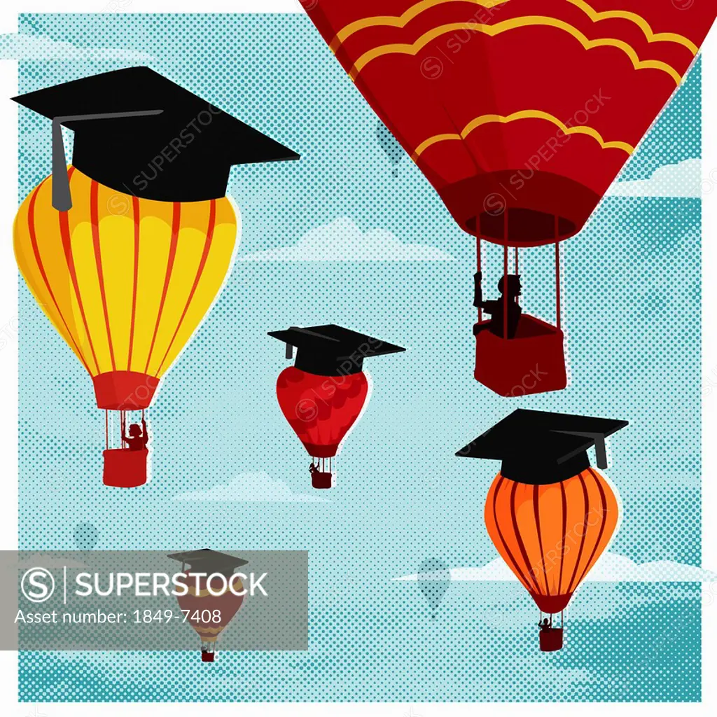 Graduates in hot air balloons with mortar boards
