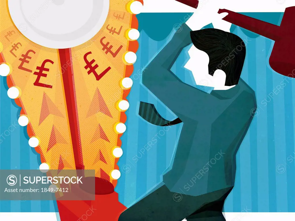 Businessman swinging hammer at fairground strength tester with British Pound signs