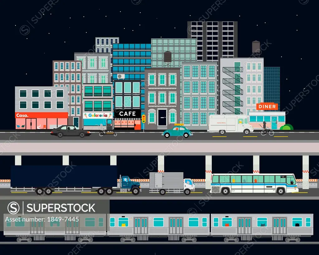 City street with various modes of transport