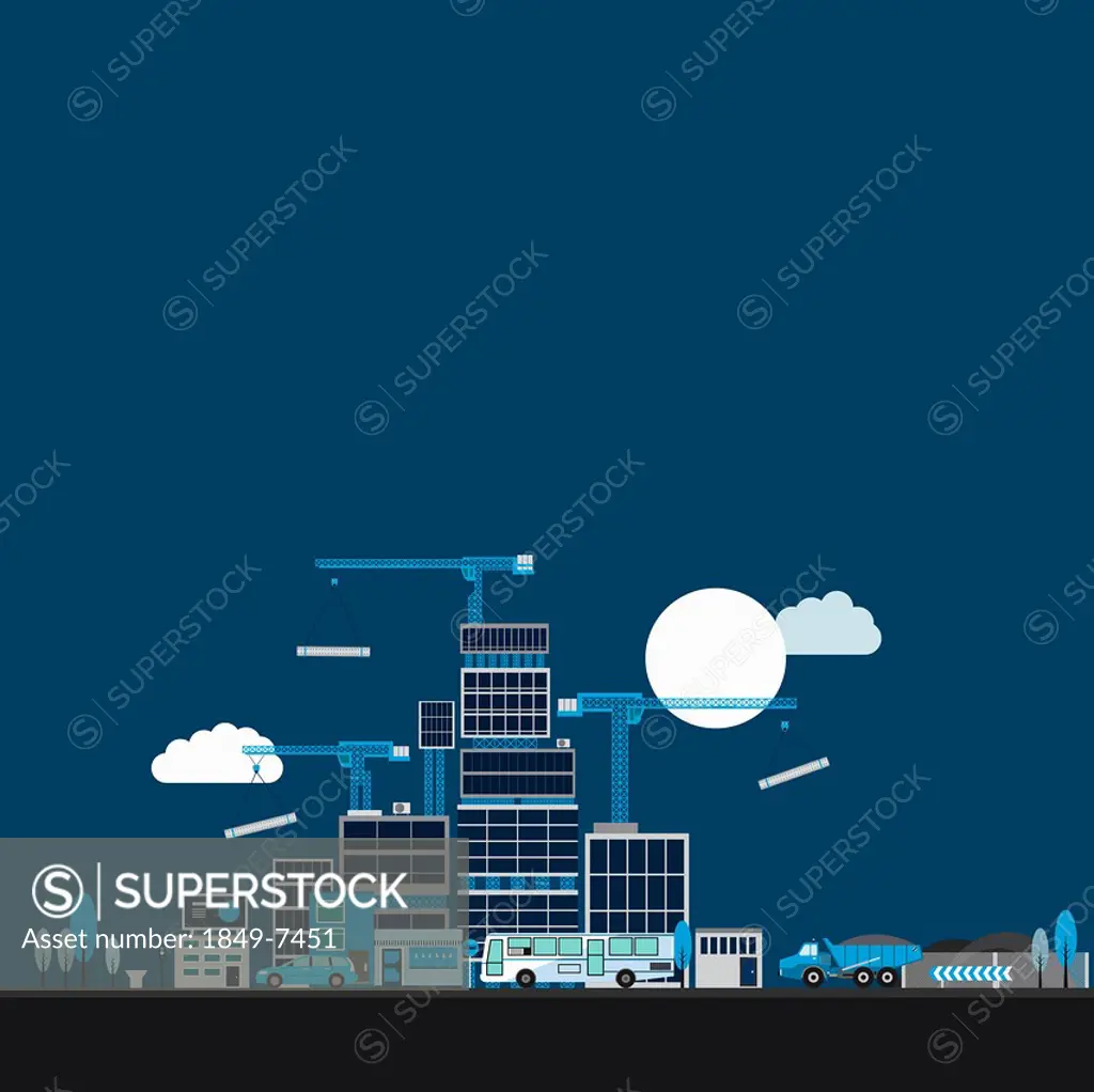 High rise city building development with cranes