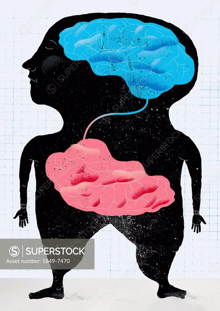 Brain and stomach connected inside of silhouette of overweight body