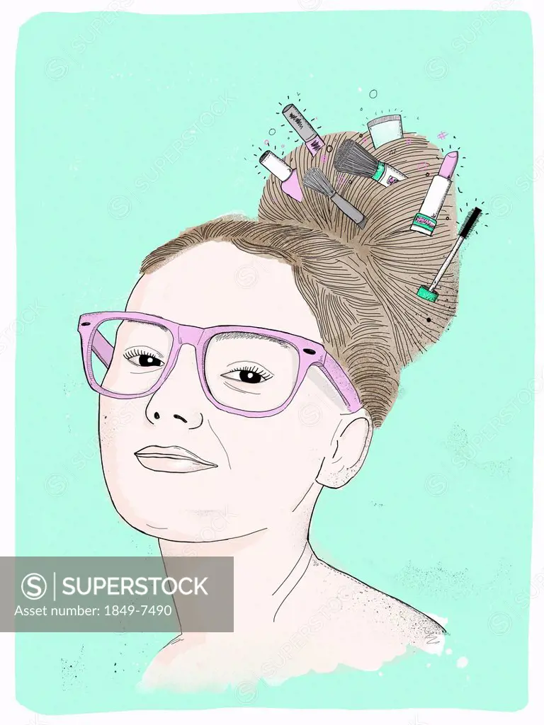 Portrait of smiling woman with beauty products in hair bun