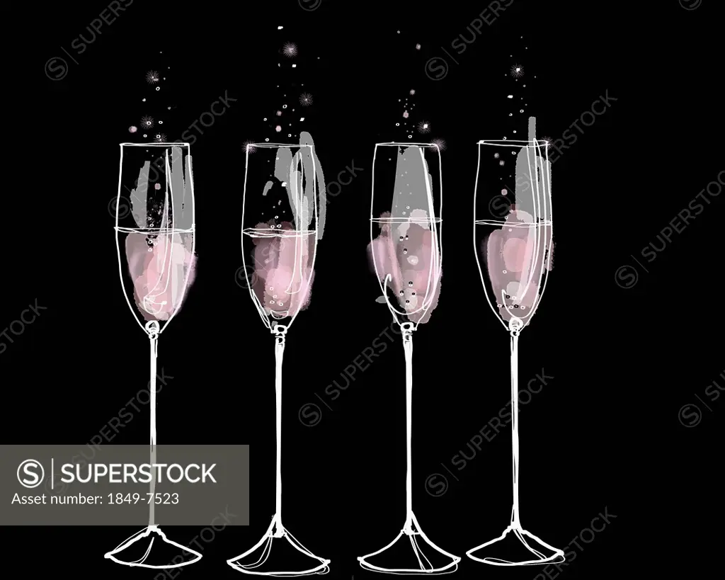 Pink champagne flutes in a row