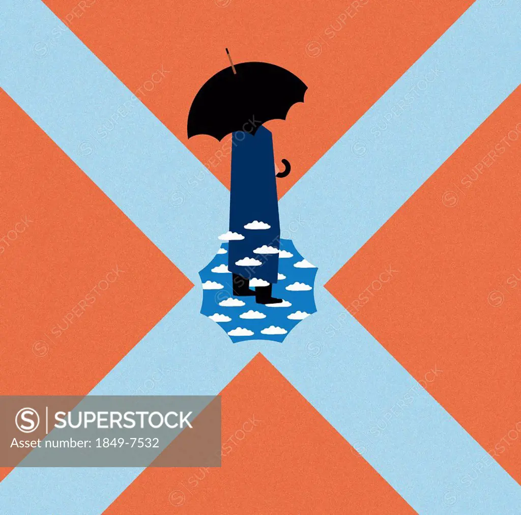 Man under umbrella standing on sky at center of cross