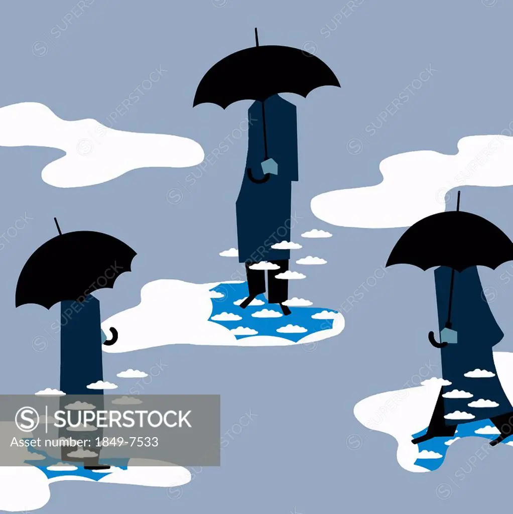 Men under umbrellas standing on sky