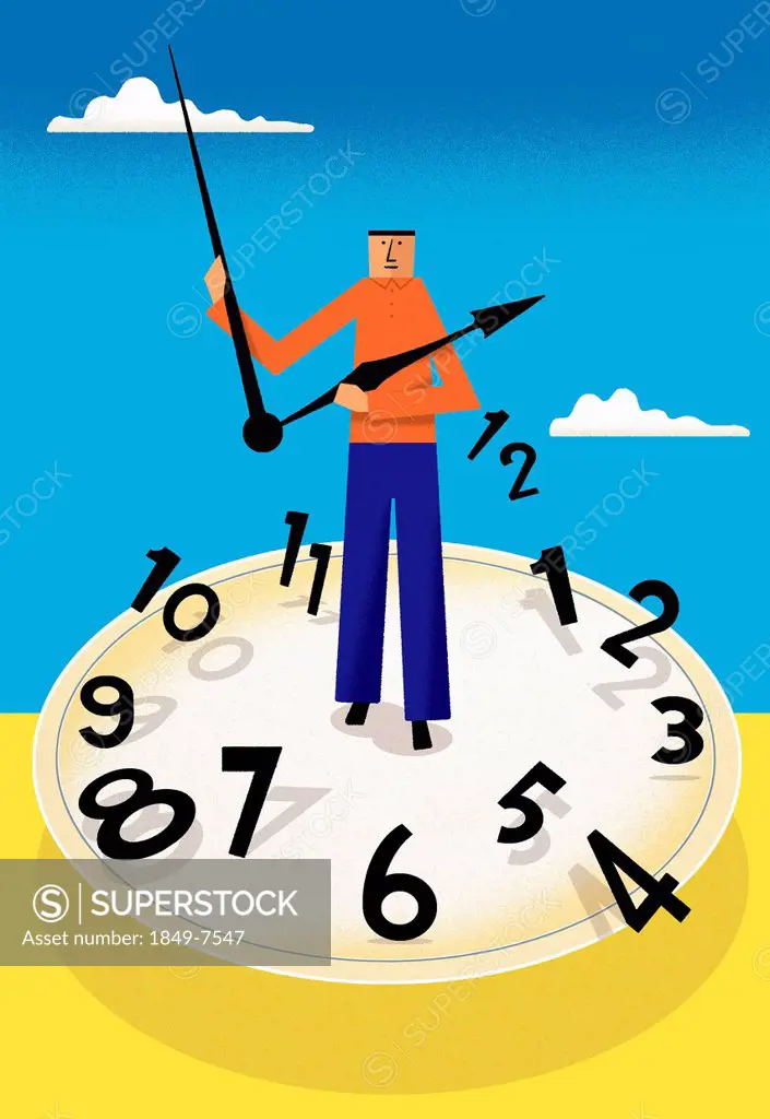 Man standing on broken clock face holding hour and minute hand
