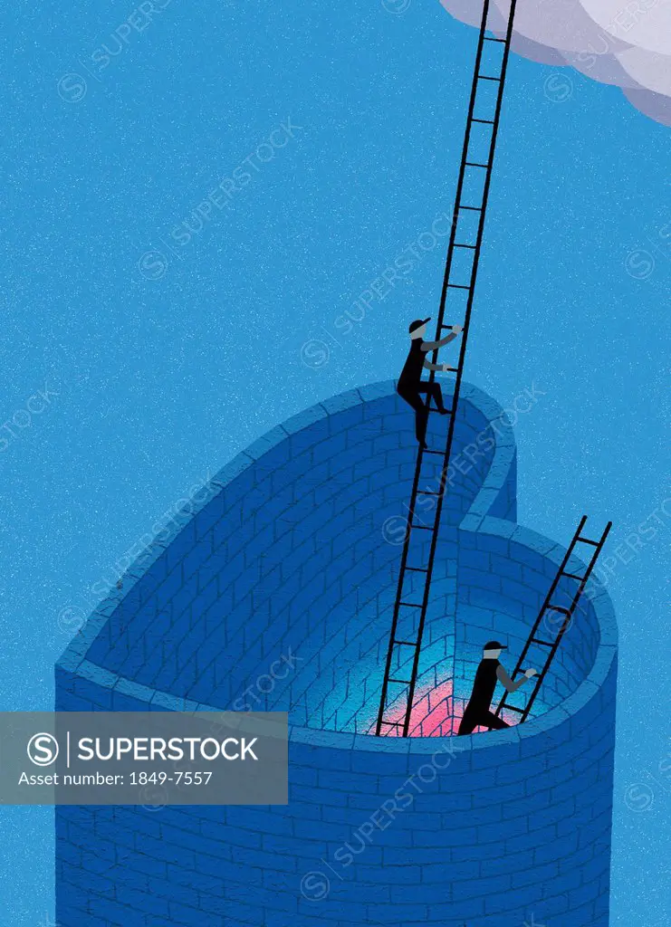 Men climbing ladders out of heart shaped brick wall