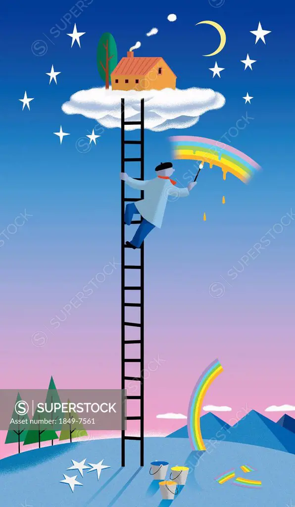House on cloud with man on ladder painting rainbow in sky