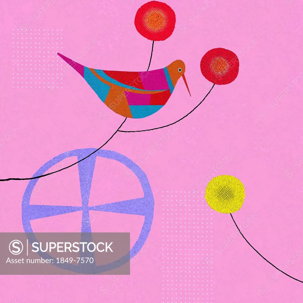 Colorful abstract of bird and simple flower heads
