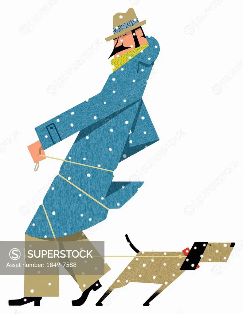 Dog tugging on leash wrapped round man in snow