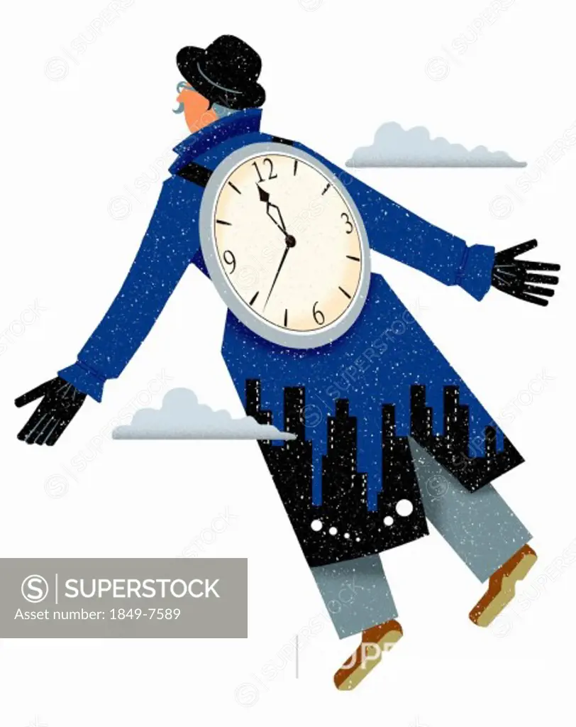 Clock on back of senior businessman flying upwards in snow