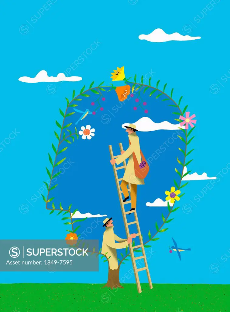 Man on ladder harvesting fruit from anthropomorphic tree