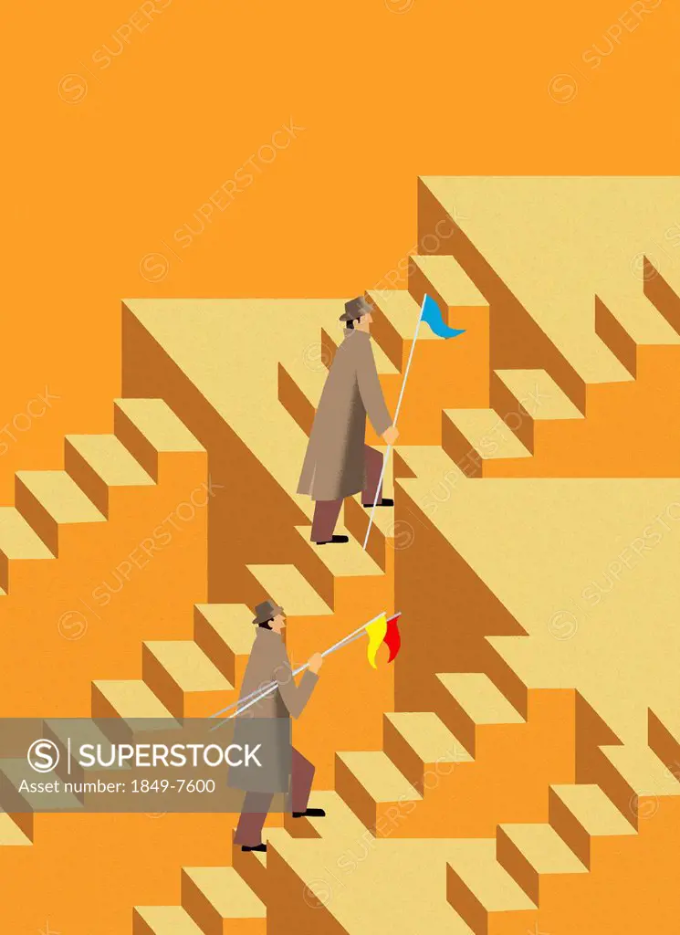 Businessmen climbing staircase carrying flags