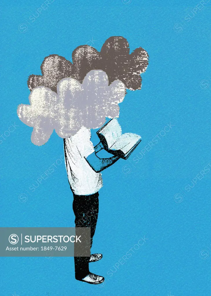 Man reading book with head in clouds