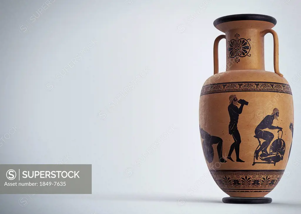 Images of man and modern exercise equipment on ancient Greek urn