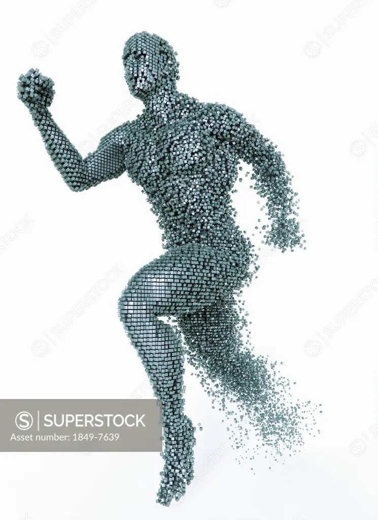Running man breaking up into cubes and disintegrating