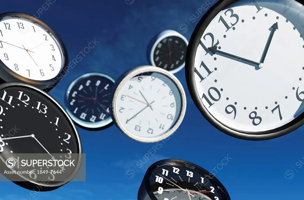 Variety of flying clocks with different time