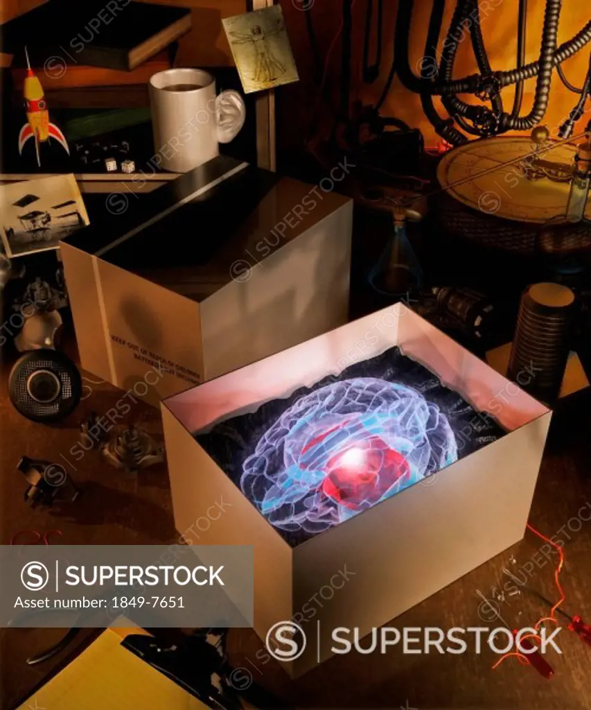 New glowing brain in box on workbench