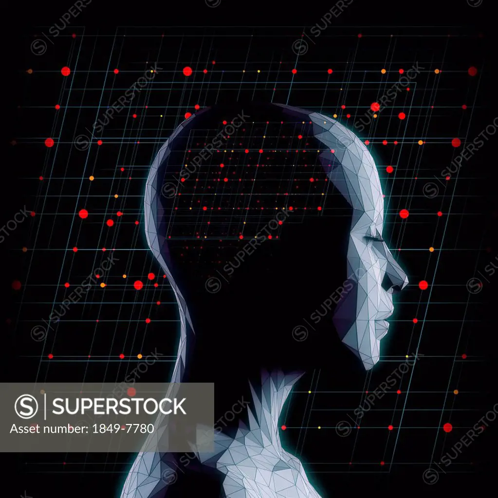 Network grid of connected dots over woman's head