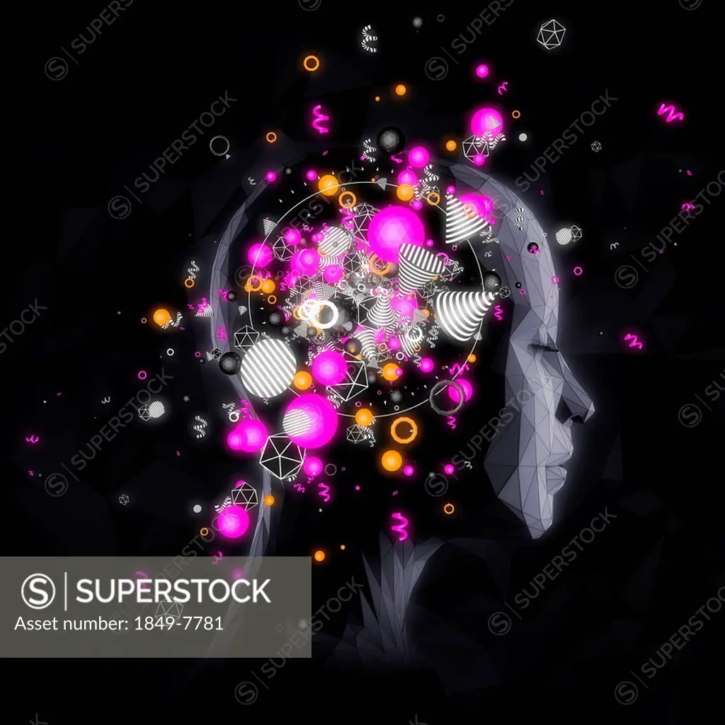 Colorful shapes emerging from woman's head
