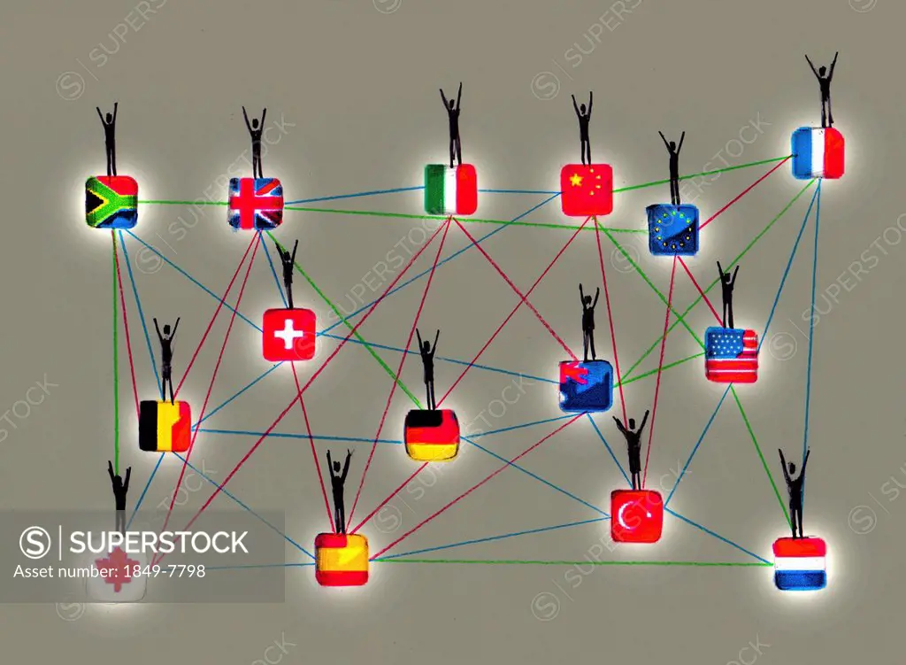 People waving on network of connected international flags