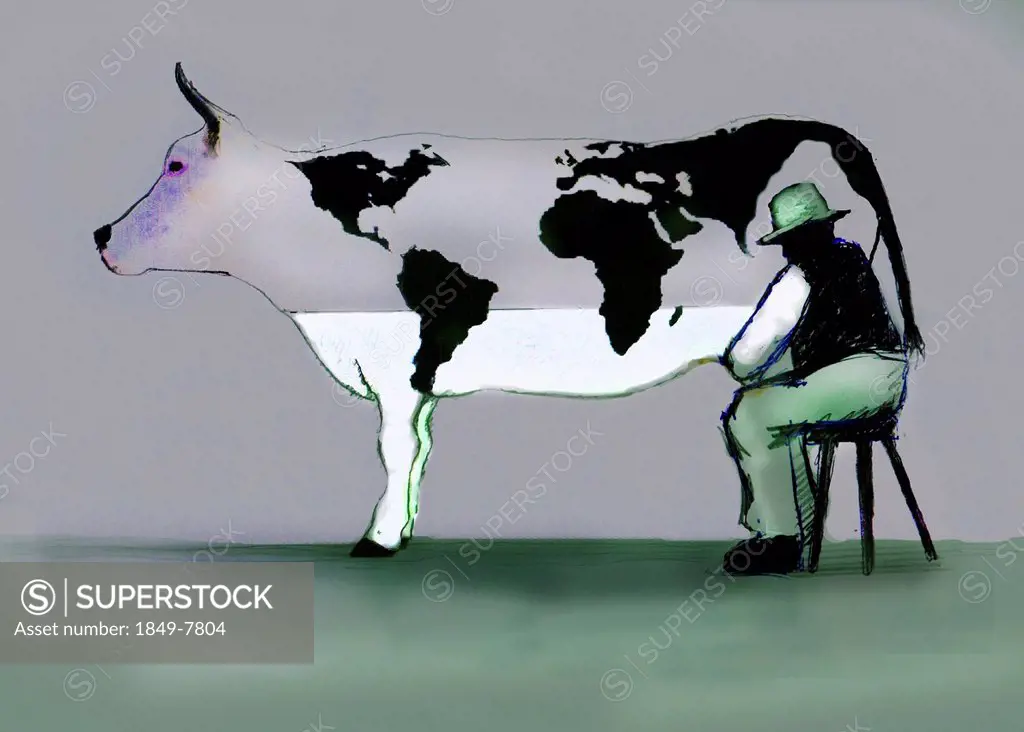 Man milking cow with world map spots