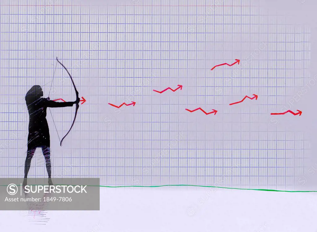 Businesswoman shooting crooked arrows on graph