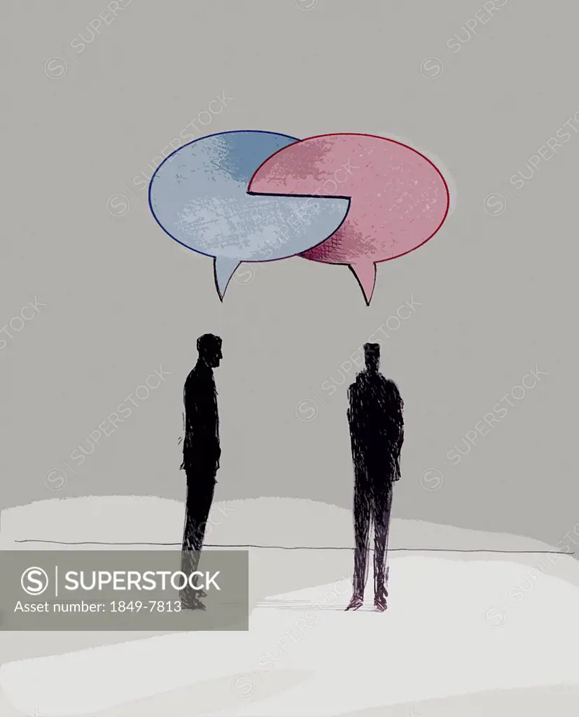 Connected red and blue speech bubbles above businessmen talking