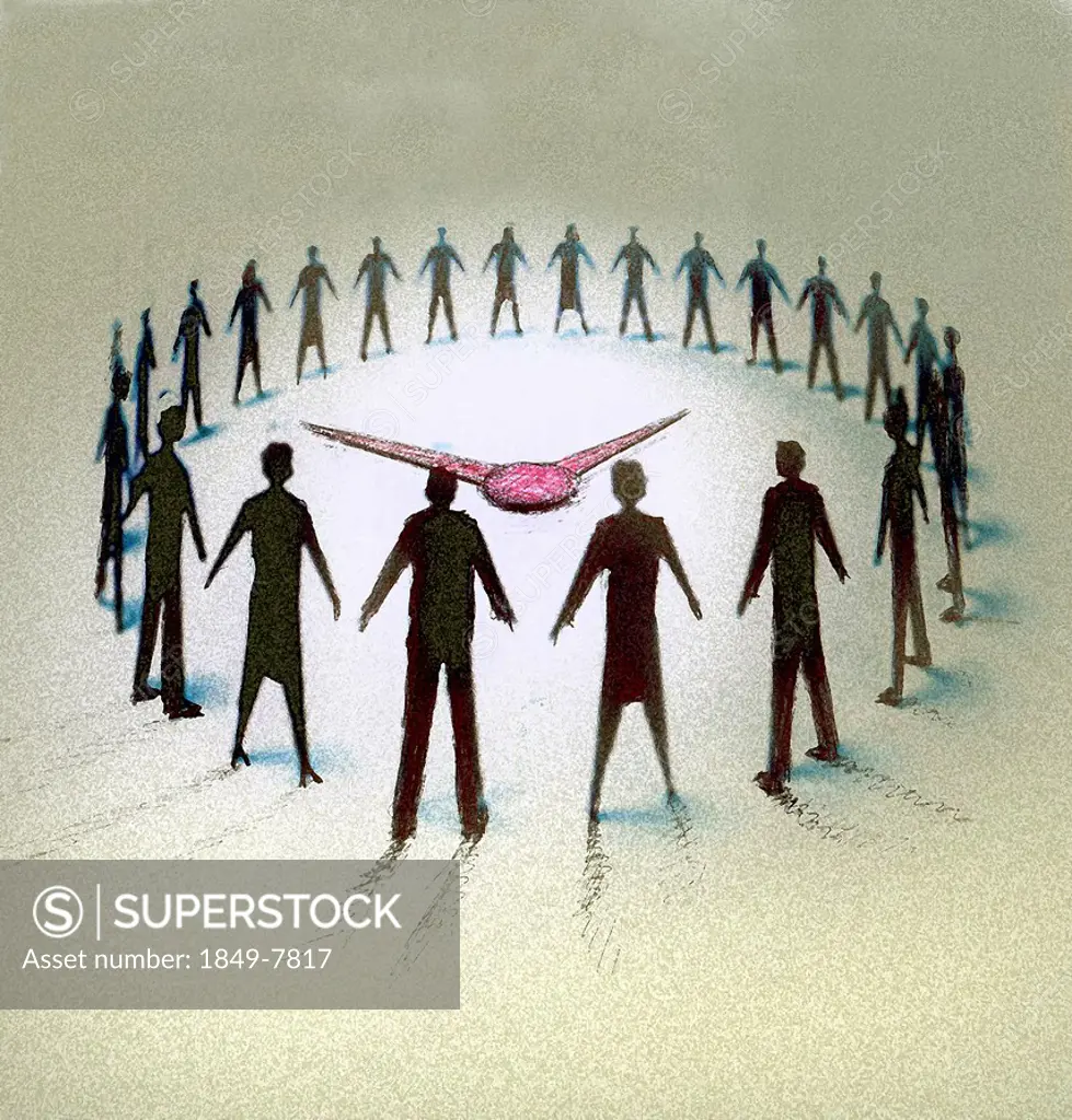 Business people forming circle watching clock