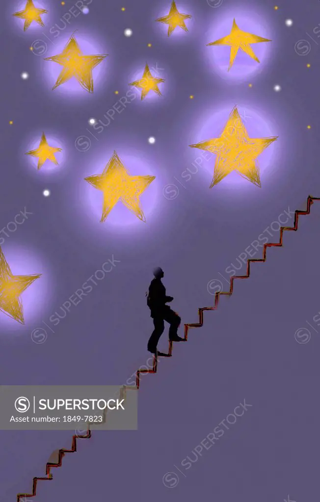 Businessman climbing stairs towards stars